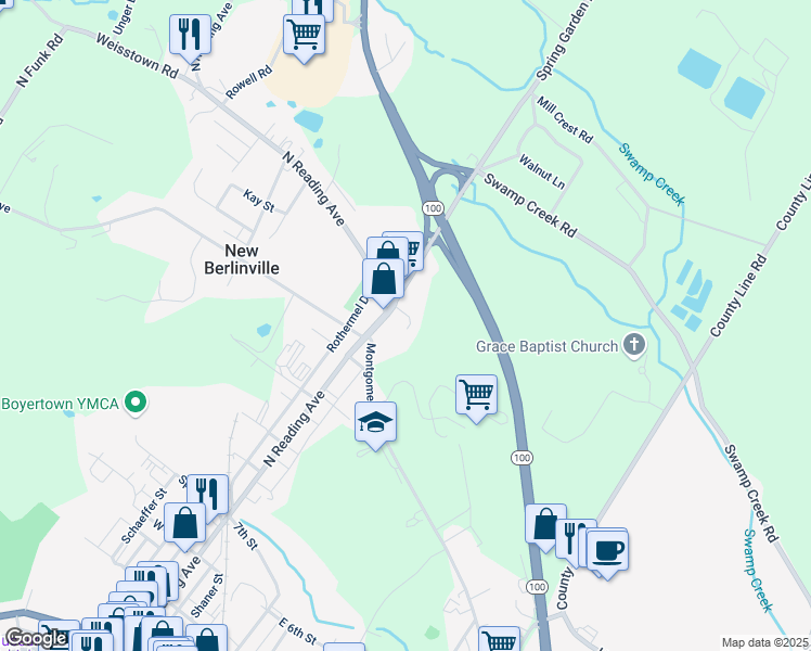 map of restaurants, bars, coffee shops, grocery stores, and more near 1257 Montgomery Avenue in New Berlinville