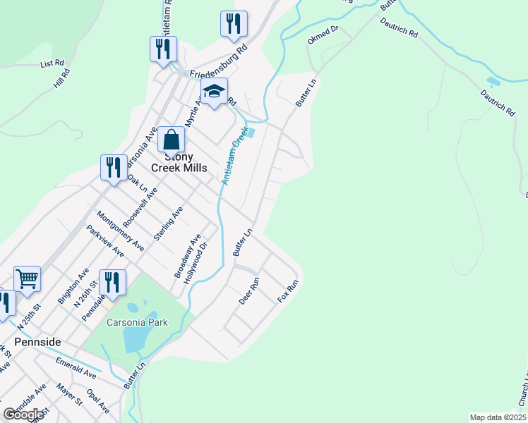 map of restaurants, bars, coffee shops, grocery stores, and more near 1308 Butter Lane in Reading