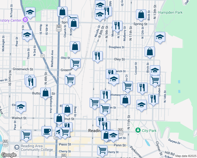 map of restaurants, bars, coffee shops, grocery stores, and more near 546 Cedar Street in Reading