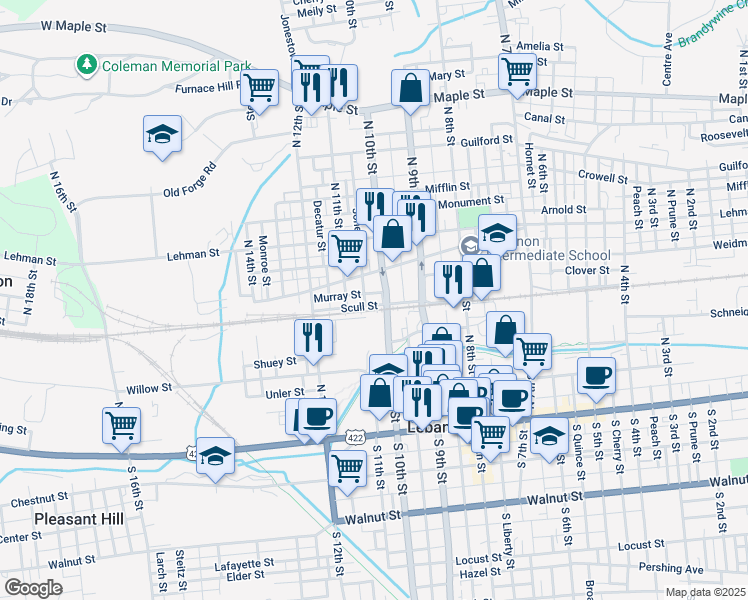 map of restaurants, bars, coffee shops, grocery stores, and more near 309 Old 10th Street in Lebanon