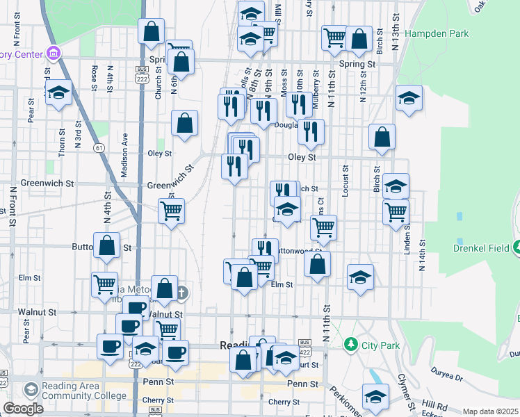 map of restaurants, bars, coffee shops, grocery stores, and more near 543 North 9th Street in Reading