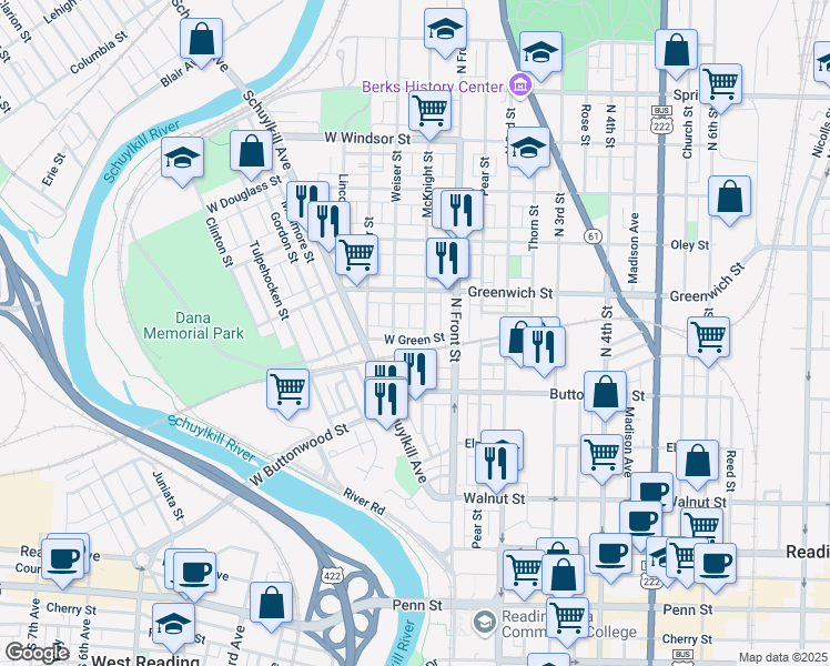 map of restaurants, bars, coffee shops, grocery stores, and more near 537 Weiser Street in Reading