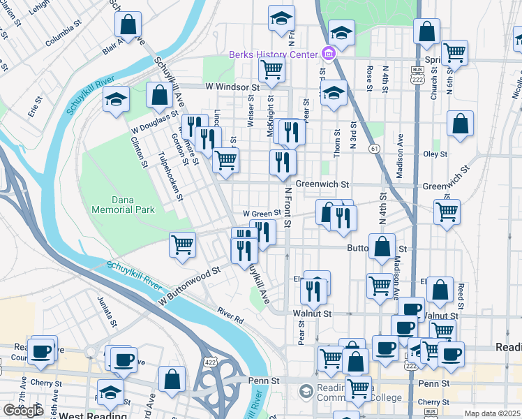 map of restaurants, bars, coffee shops, grocery stores, and more near 537 Weiser Street in Reading