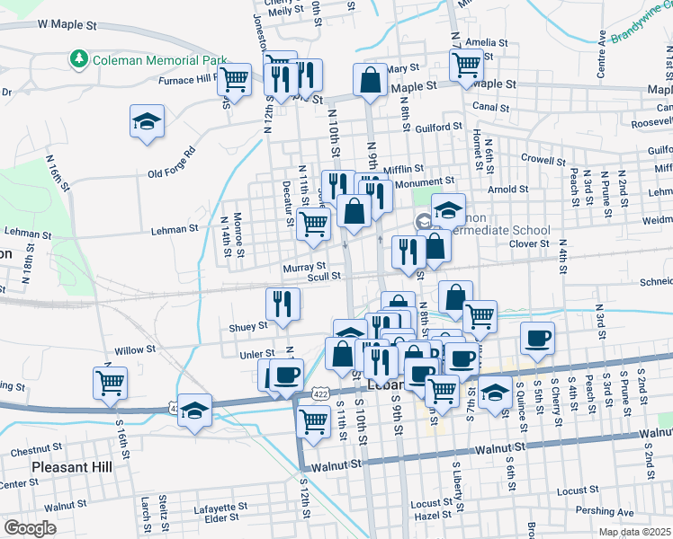 map of restaurants, bars, coffee shops, grocery stores, and more near 309 Old 10th Street in Lebanon