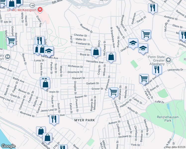 map of restaurants, bars, coffee shops, grocery stores, and more near 1306 Meadow Street in McKeesport