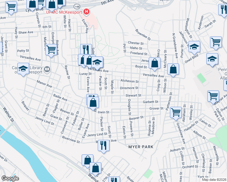 map of restaurants, bars, coffee shops, grocery stores, and more near 1307 Irene Alley in McKeesport
