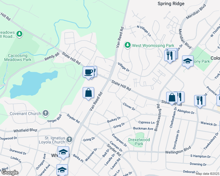map of restaurants, bars, coffee shops, grocery stores, and more near 144 A Victoria Lane in Wyomissing