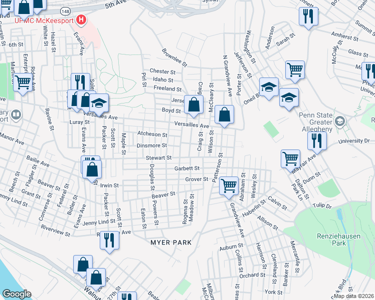 map of restaurants, bars, coffee shops, grocery stores, and more near 1306 Meadow Street in McKeesport