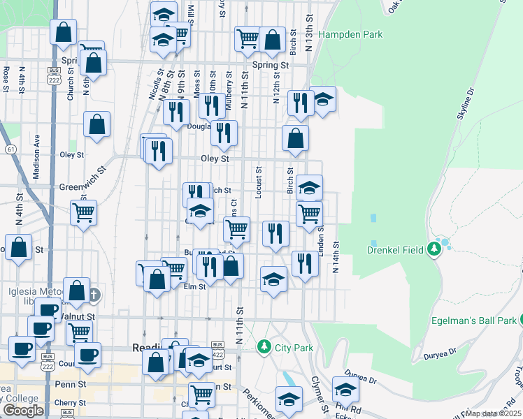 map of restaurants, bars, coffee shops, grocery stores, and more near 519 Locust Street in Reading