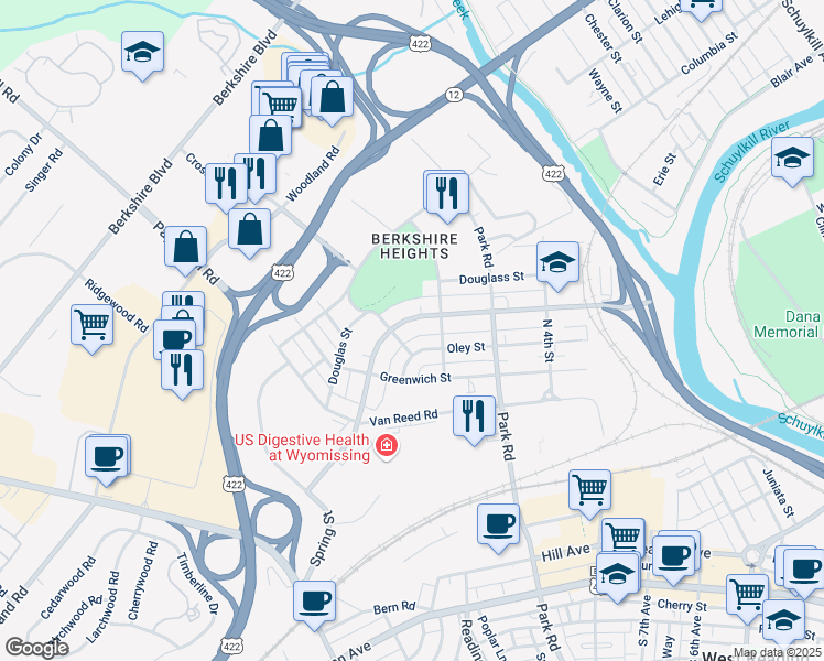 map of restaurants, bars, coffee shops, grocery stores, and more near 633 North Wyomissing Boulevard in Wyomissing