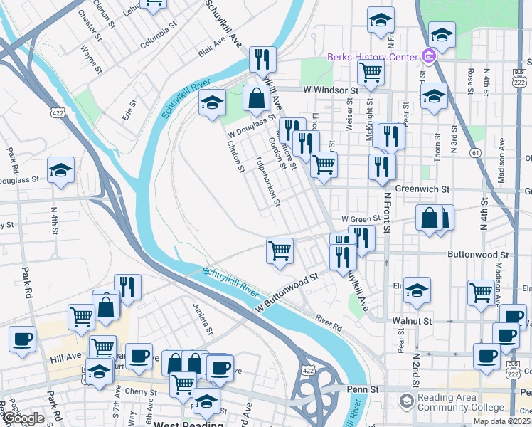 map of restaurants, bars, coffee shops, grocery stores, and more near 625 Clinton Street in Reading