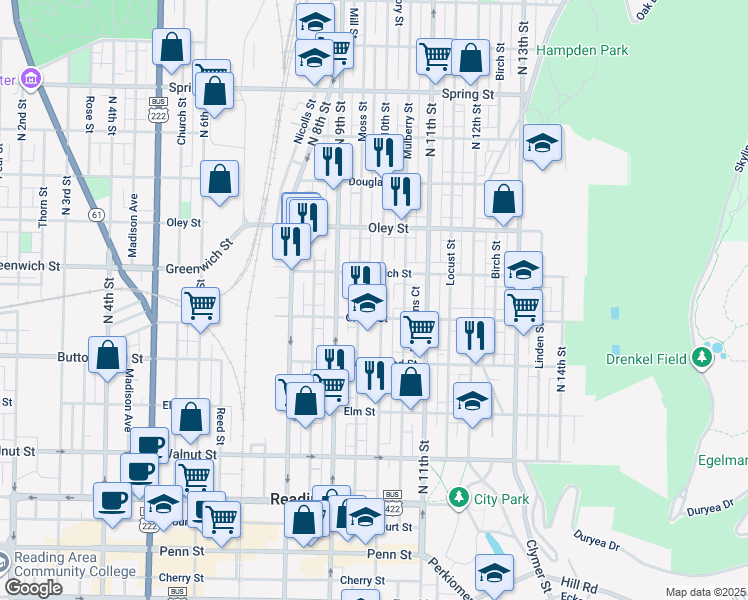 map of restaurants, bars, coffee shops, grocery stores, and more near 520 North 10th Street in Reading