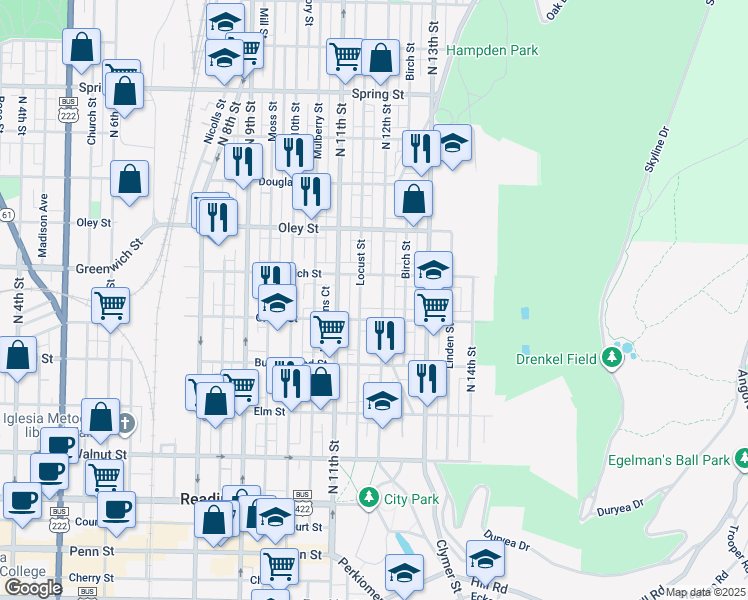 map of restaurants, bars, coffee shops, grocery stores, and more near 520 North 12th Street in Reading