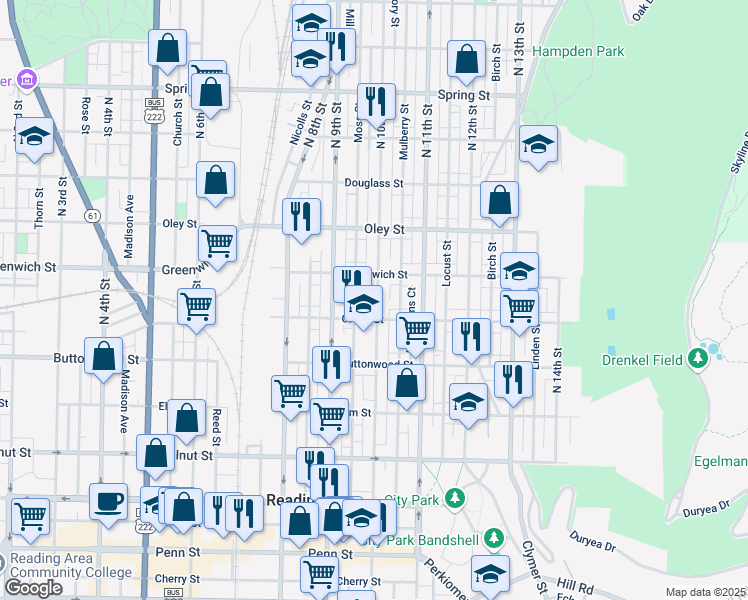 map of restaurants, bars, coffee shops, grocery stores, and more near 520 North 10th Street in Reading