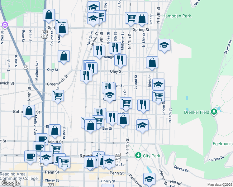 map of restaurants, bars, coffee shops, grocery stores, and more near 542 North 10th Street in Reading