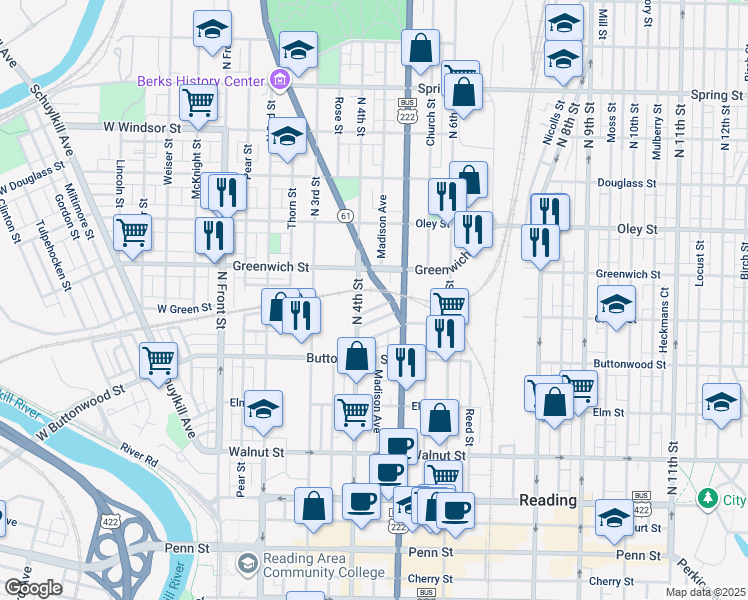 map of restaurants, bars, coffee shops, grocery stores, and more near 545 Centre Avenue in Reading