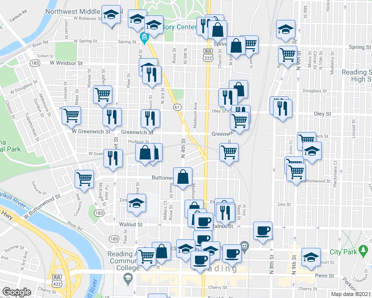 map of restaurants, bars, coffee shops, grocery stores, and more near 532 North 4th Street in Reading