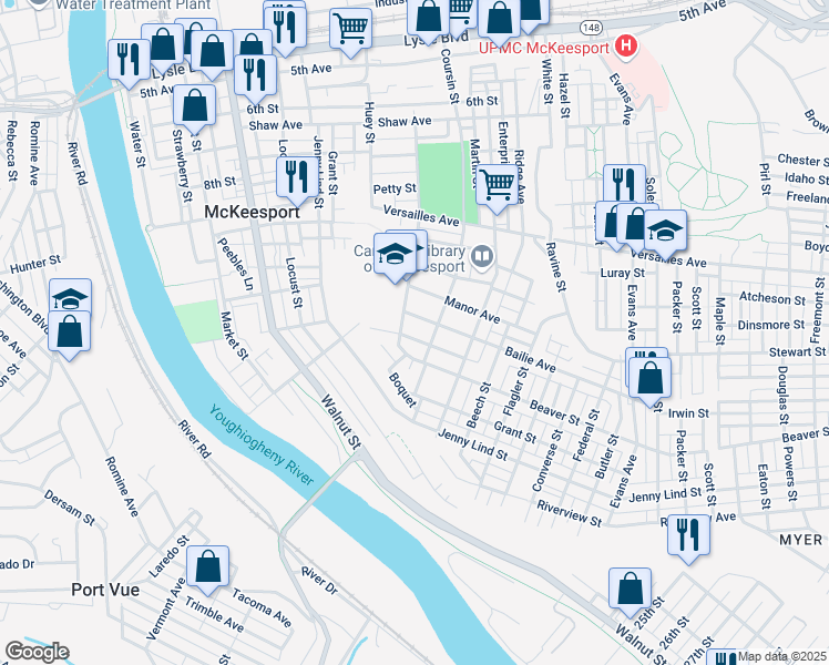 map of restaurants, bars, coffee shops, grocery stores, and more near 1328 Bailie Avenue in McKeesport