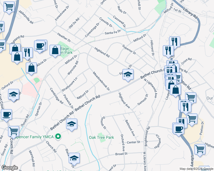 map of restaurants, bars, coffee shops, grocery stores, and more near 175 Meadowbrook Drive in Bethel Park