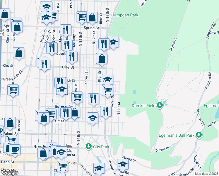 map of restaurants, bars, coffee shops, grocery stores, and more near 501 North 13th Street in Reading
