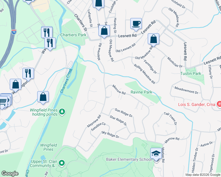 map of restaurants, bars, coffee shops, grocery stores, and more near 1237 Oak Park Court in Pittsburgh