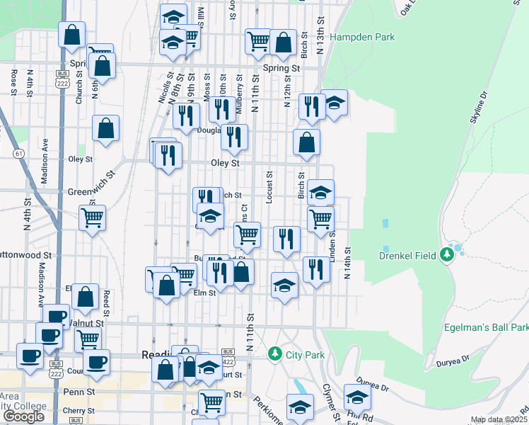 map of restaurants, bars, coffee shops, grocery stores, and more near 548 Locust Street in Reading