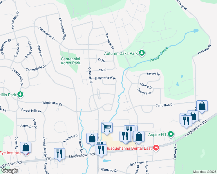 map of restaurants, bars, coffee shops, grocery stores, and more near 4317 Ashdon Drive in Harrisburg