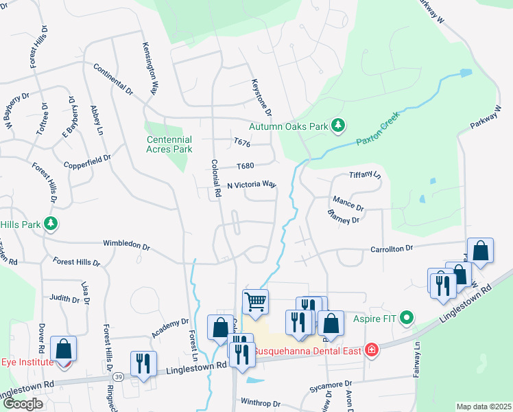 map of restaurants, bars, coffee shops, grocery stores, and more near 4315 Ashdon Drive in Harrisburg