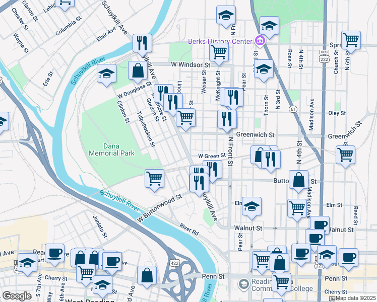 map of restaurants, bars, coffee shops, grocery stores, and more near 511 Schuylkill Avenue in Reading