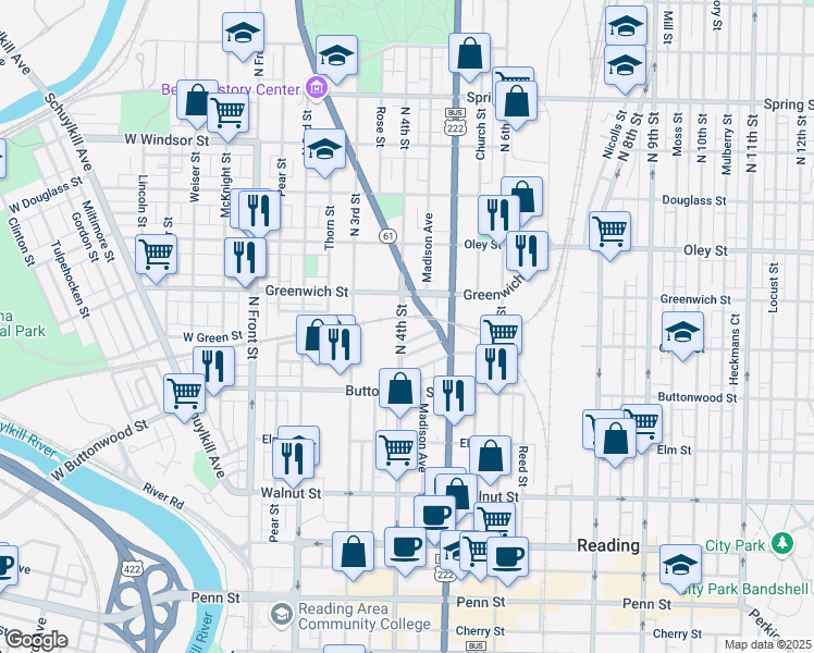 map of restaurants, bars, coffee shops, grocery stores, and more near 511 North 4th Street in Reading