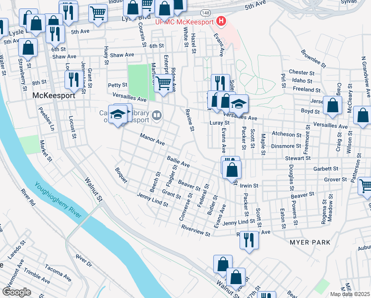 map of restaurants, bars, coffee shops, grocery stores, and more near 1256 Ravine Street in McKeesport