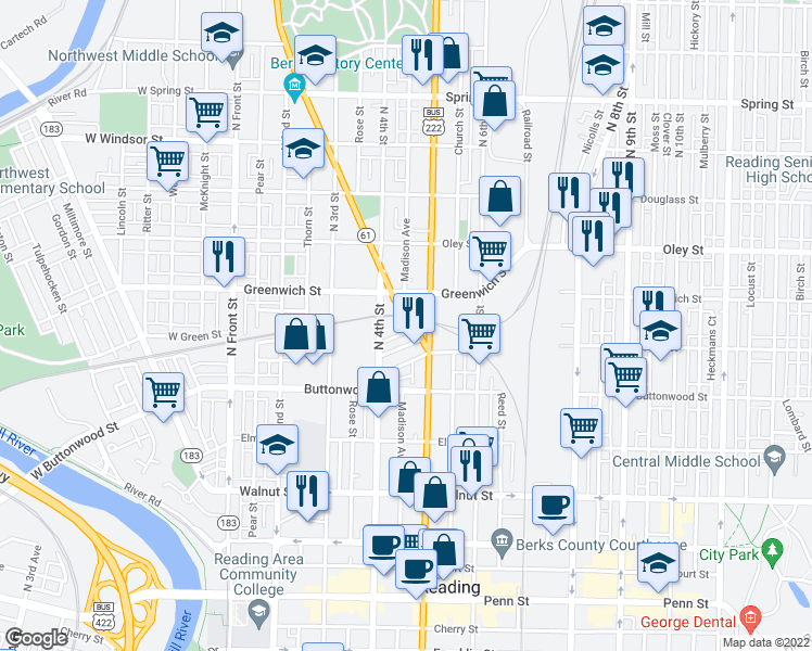 map of restaurants, bars, coffee shops, grocery stores, and more near 421 Green Terrace in Reading