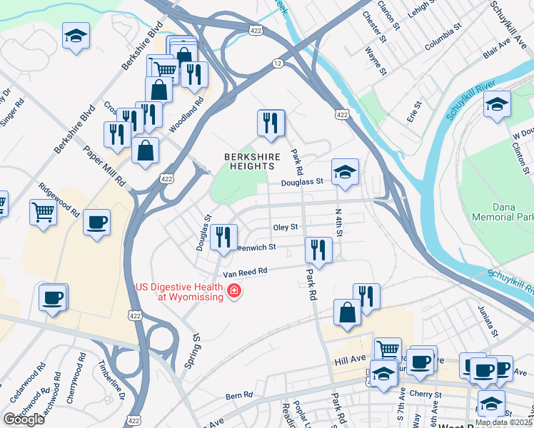 map of restaurants, bars, coffee shops, grocery stores, and more near 601 North Wyomissing Boulevard in Wyomissing