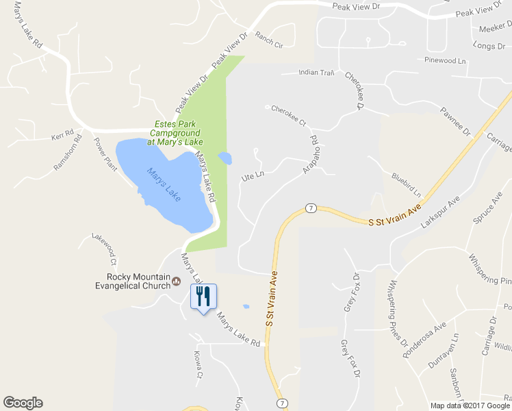 map of restaurants, bars, coffee shops, grocery stores, and more near 2305 Arapaho Road in Estes Park