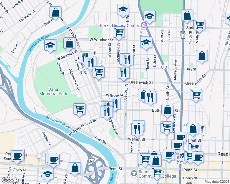 map of restaurants, bars, coffee shops, grocery stores, and more near 518 McKnight Street in Reading