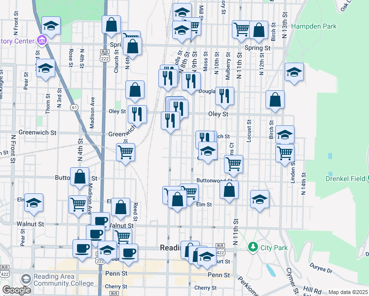 map of restaurants, bars, coffee shops, grocery stores, and more near 546 Cedar Street in Reading