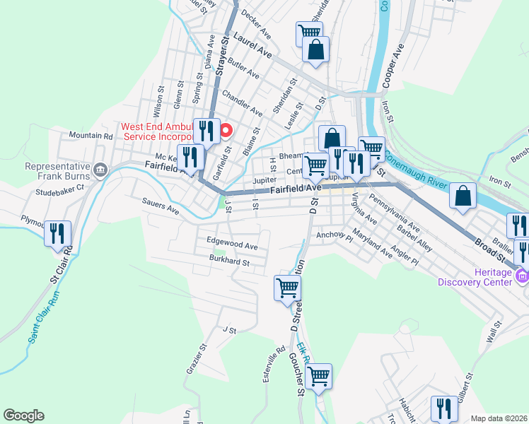 map of restaurants, bars, coffee shops, grocery stores, and more near 199 Barron Avenue in Johnstown