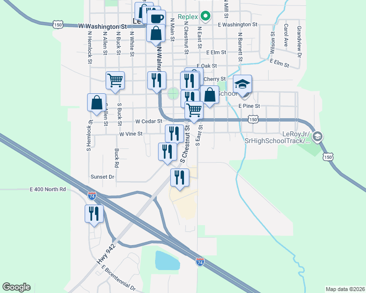 map of restaurants, bars, coffee shops, grocery stores, and more near 101 East Vine Street in Le Roy