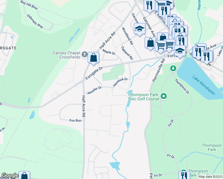 map of restaurants, bars, coffee shops, grocery stores, and more near 39 Hemlock Drive in Jamesburg
