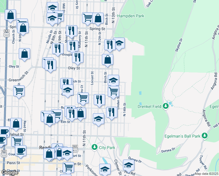map of restaurants, bars, coffee shops, grocery stores, and more near 544 North 13th Street in Reading