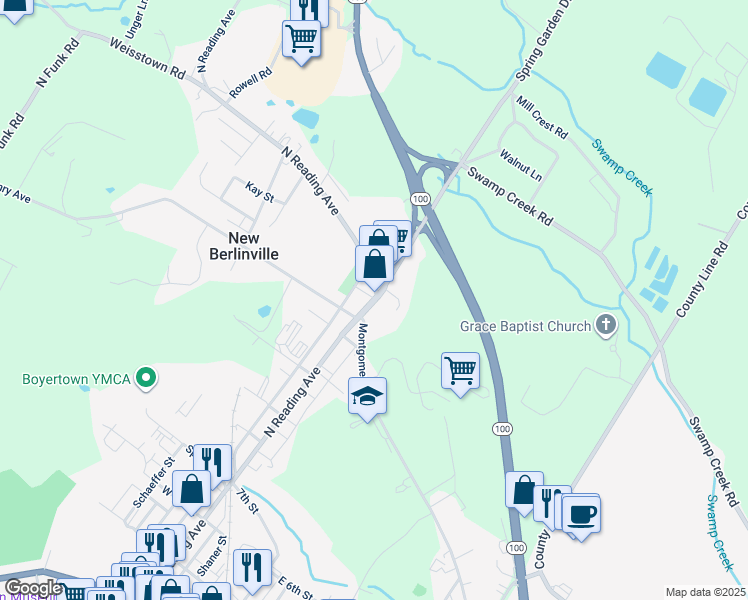map of restaurants, bars, coffee shops, grocery stores, and more near 1257 Montgomery Avenue in New Berlinville