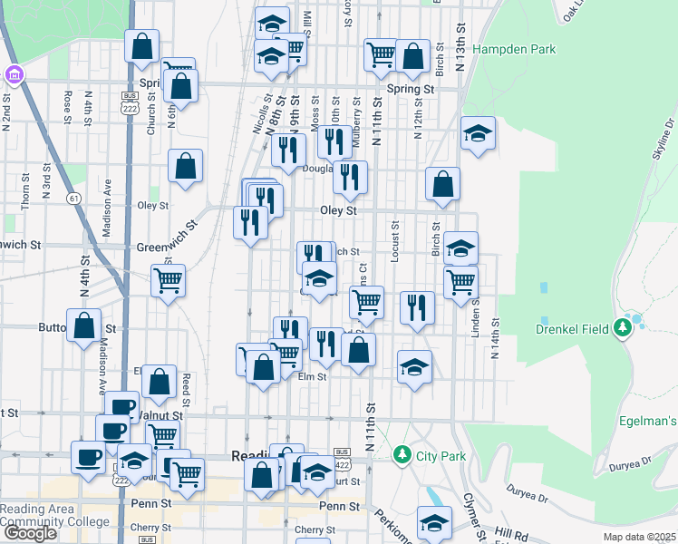 map of restaurants, bars, coffee shops, grocery stores, and more near 542 North 10th Street in Reading