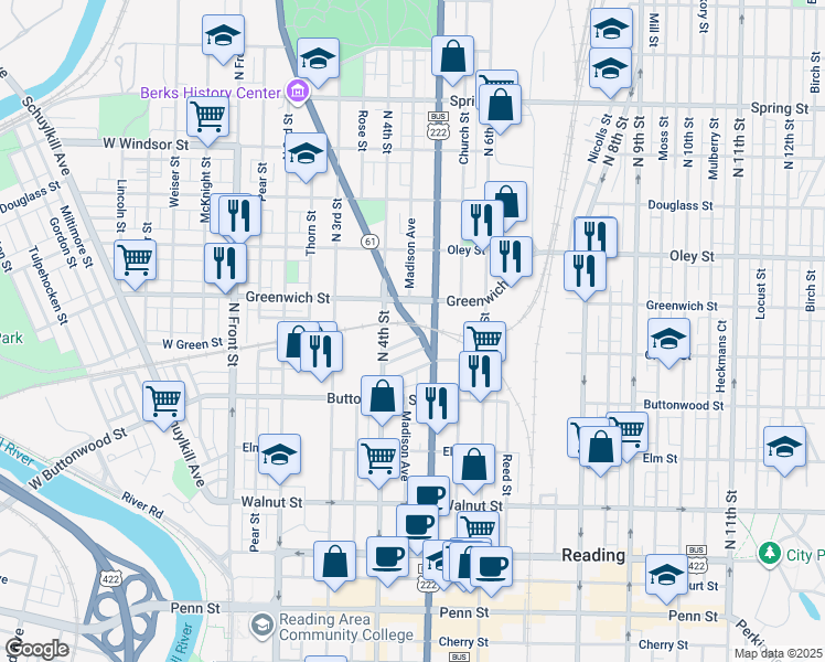 map of restaurants, bars, coffee shops, grocery stores, and more near 545 Centre Avenue in Reading