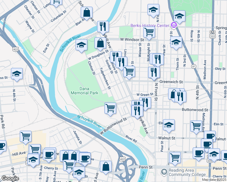 map of restaurants, bars, coffee shops, grocery stores, and more near 367 West Greenwich Street in Wyomissing