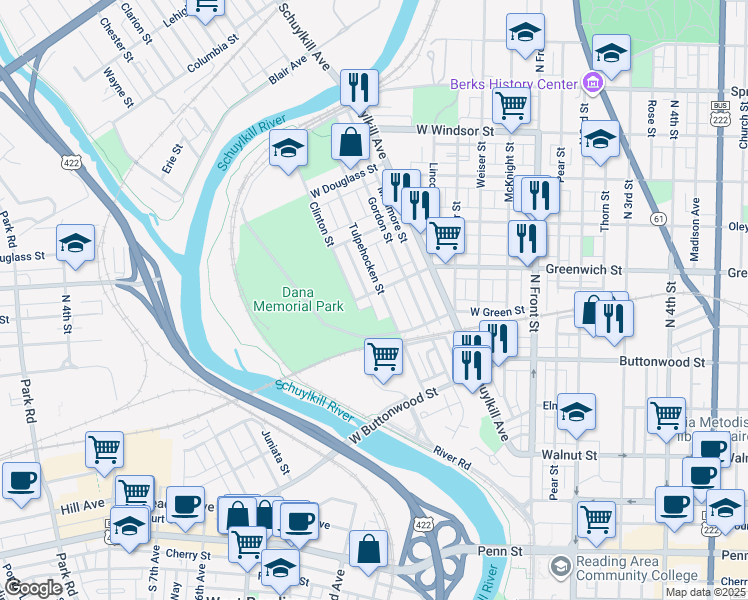 map of restaurants, bars, coffee shops, grocery stores, and more near 367 West Greenwich Street in Wyomissing