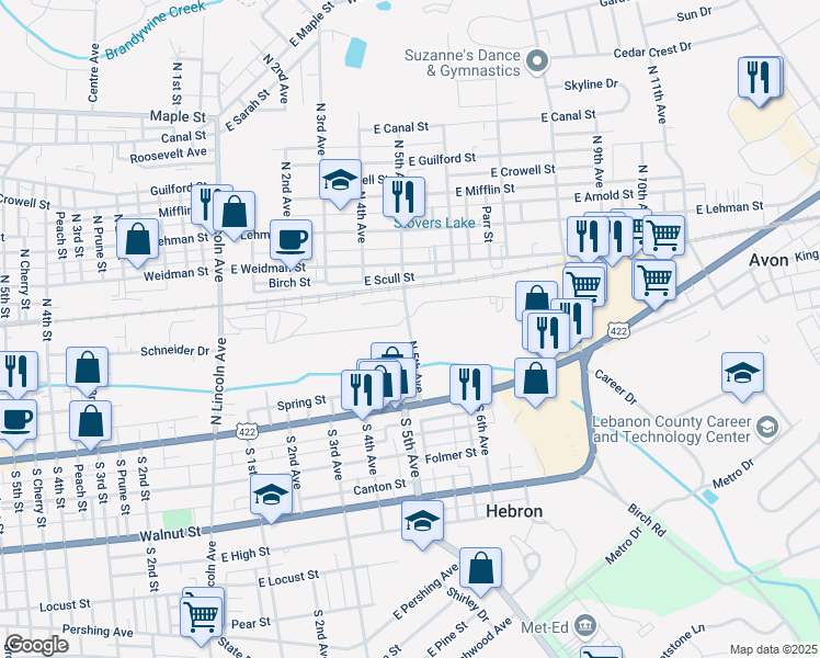 map of restaurants, bars, coffee shops, grocery stores, and more near 269 North 5th Avenue in Lebanon