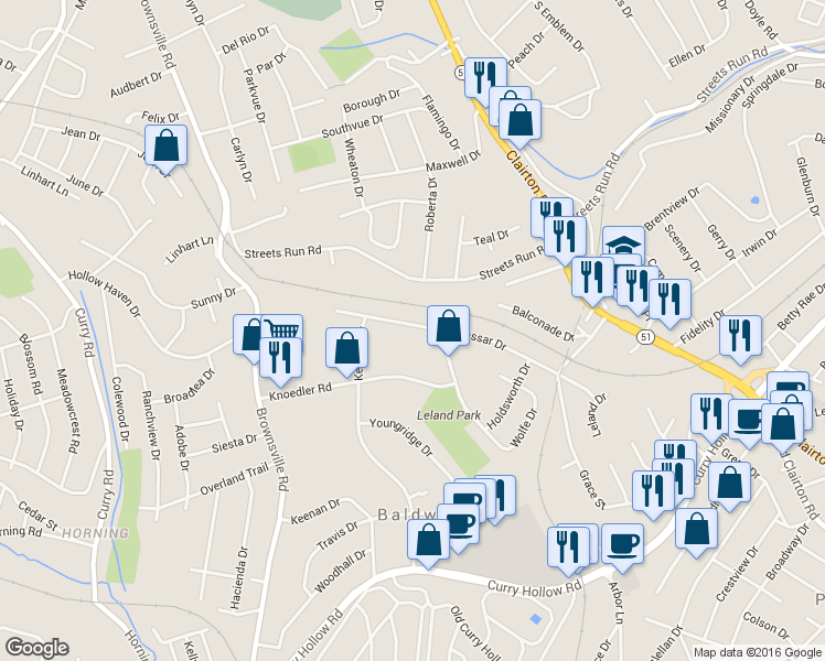 map of restaurants, bars, coffee shops, grocery stores, and more near 345 Macassar Drive in Pittsburgh