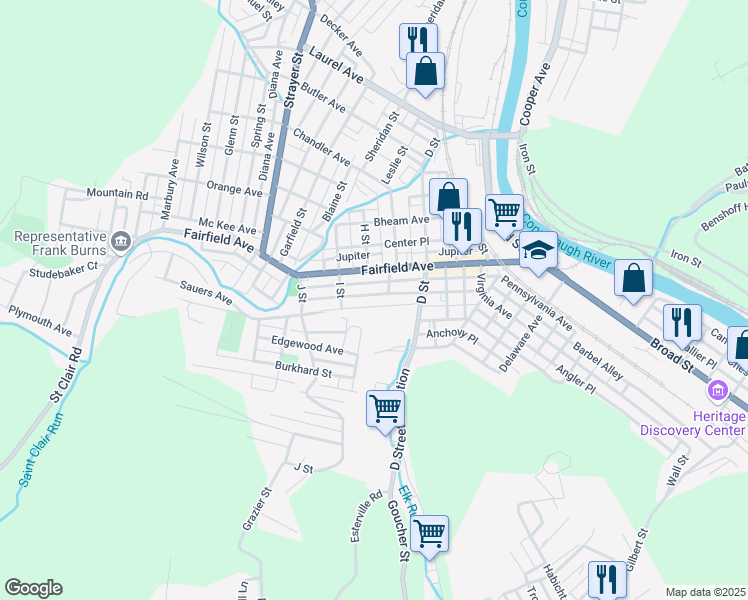 map of restaurants, bars, coffee shops, grocery stores, and more near 171 Barron Avenue in Johnstown