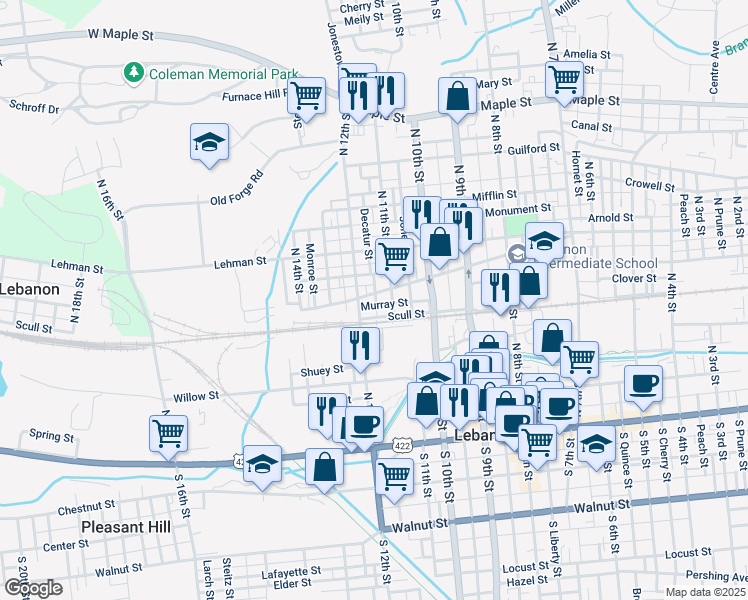 map of restaurants, bars, coffee shops, grocery stores, and more near 1119 Church Street in Lebanon