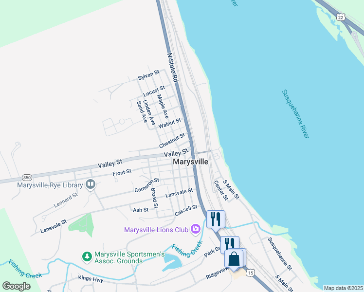 map of restaurants, bars, coffee shops, grocery stores, and more near 104 North State Road in Marysville